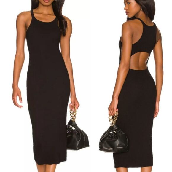 LNA CLOTHING Dress SZ Large Rilynn Rib Racer Black Midi NWT Stretch Cutout Back - Picture 1 of 13